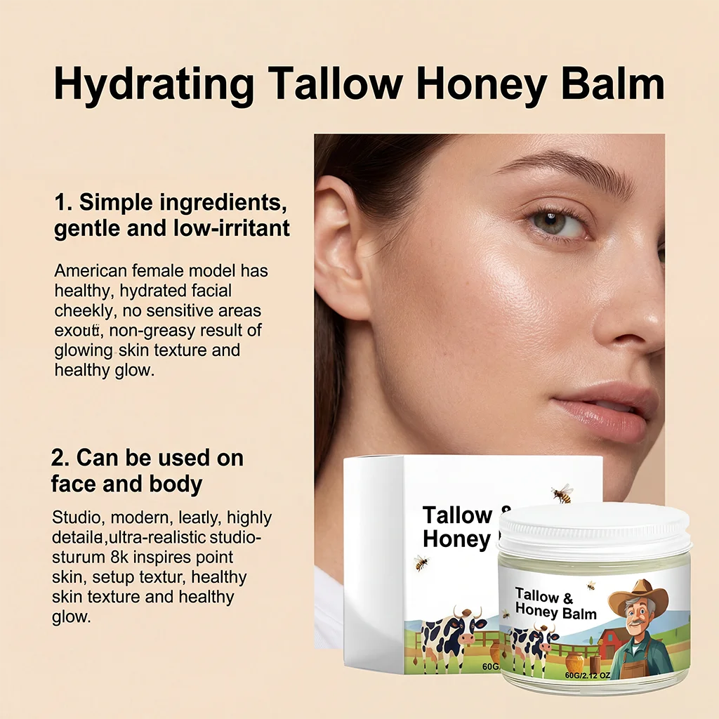 Organic Grass-Fed Beef Tallow Balm with Raw Honey - Moisturizing Cream for Soft, Smooth Skin - Handmade All-Natural Moisturizer