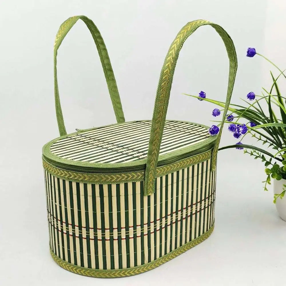 Handheld Elliptical Bamboo Basket Eco-friendly with Lid Bamboo Braided Basket Pastoral Style Sundries Snacks Basket Camping