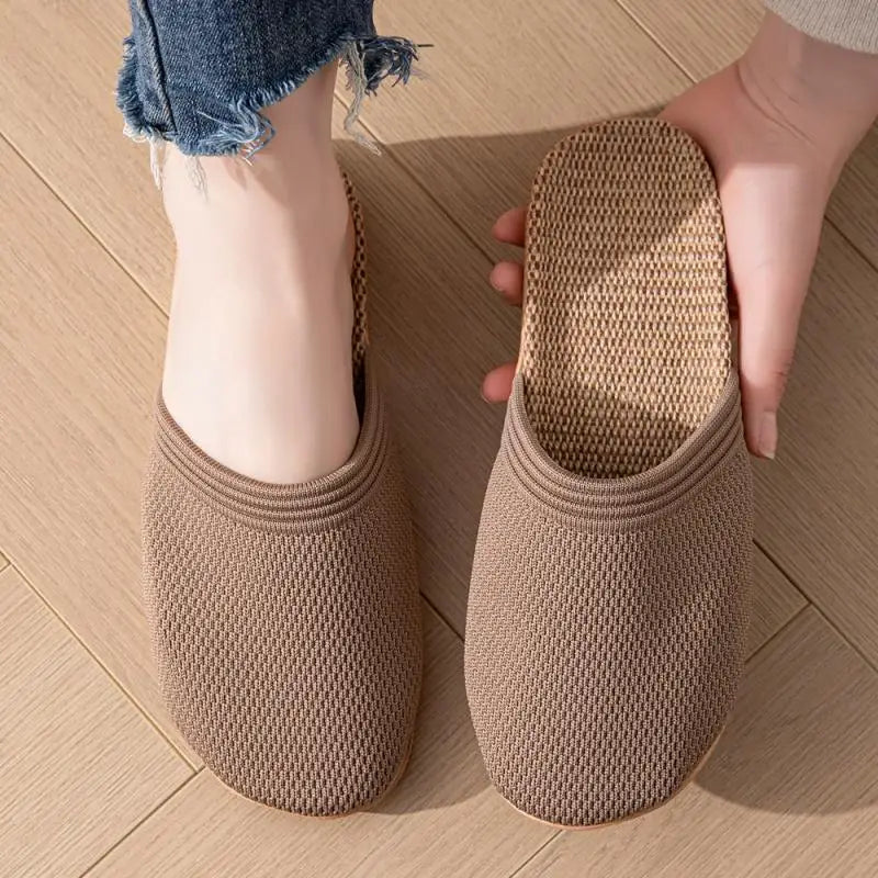 Mesh Casual Women's Slippers Home Designer Sandals Flat Summer Hemp Closed-Toe Shoes Ladies Elegant Indoor Slides Non-Slip Floor