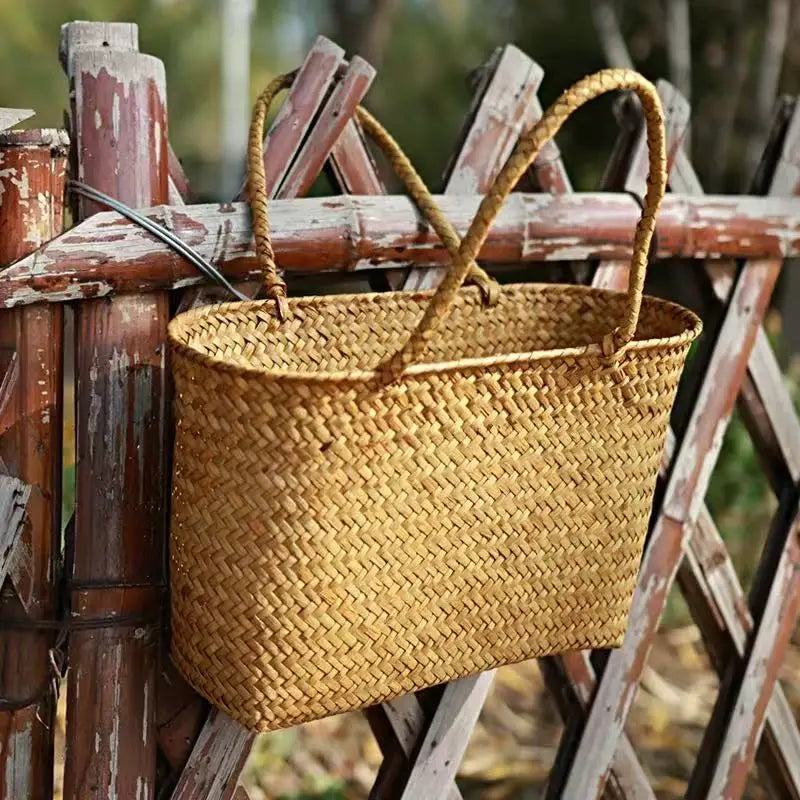 Rural style handmade bamboo woven handbag suitable for beach vacations, camping, and picnics, Available in 2 sizes