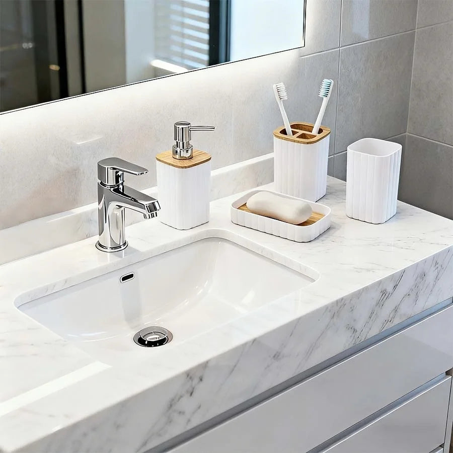 4 pcs White Bamboo Bathroom 4-Piece Set: Soap Dispenser, Toothbrush Holder, Mouthwash Cup, Soap Dish