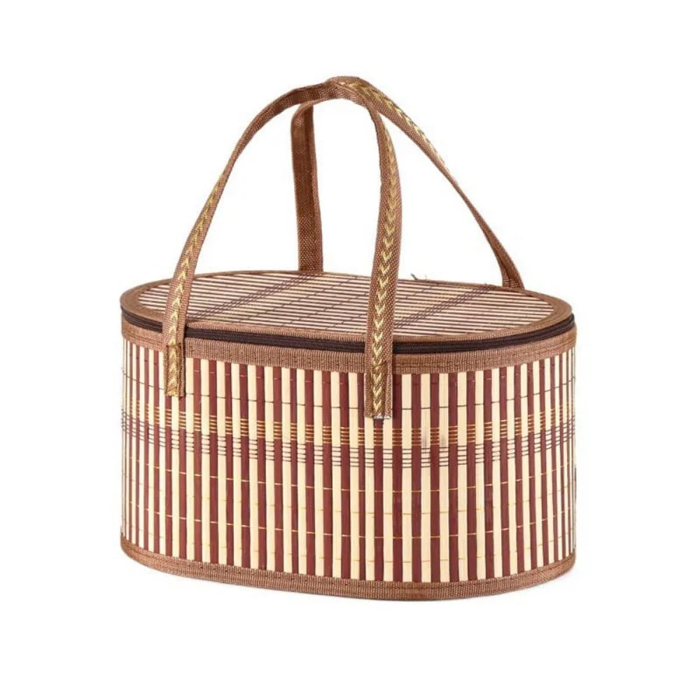 Handheld Elliptical Bamboo Basket Eco-friendly with Lid Bamboo Braided Basket Pastoral Style Sundries Snacks Basket Camping