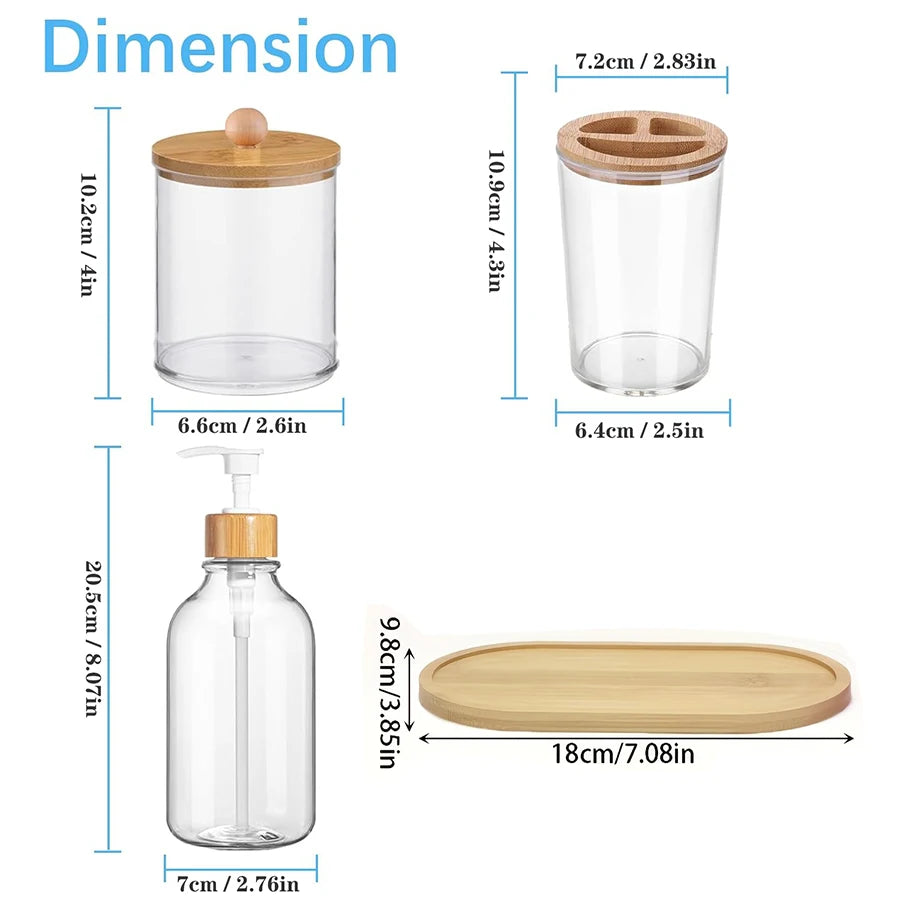5 Pack Bamboo Bathroom Accessories Set with Tray - Plastic Soap Dispenser Clear Toothbrush Holder and 2 Qtip Holder Cotton Ball