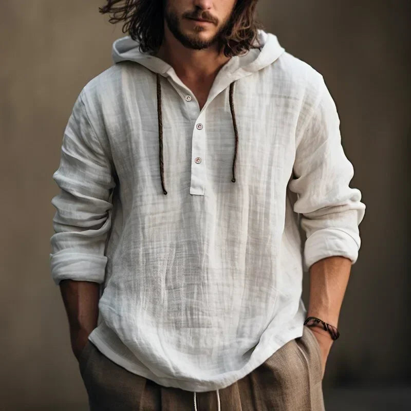 New2026 Men's Casual Cotton Linen Shirts Hoodies Comfortable Breathable Solid Pullovers Tops Soft Daily Wear Men's Clothing Tops