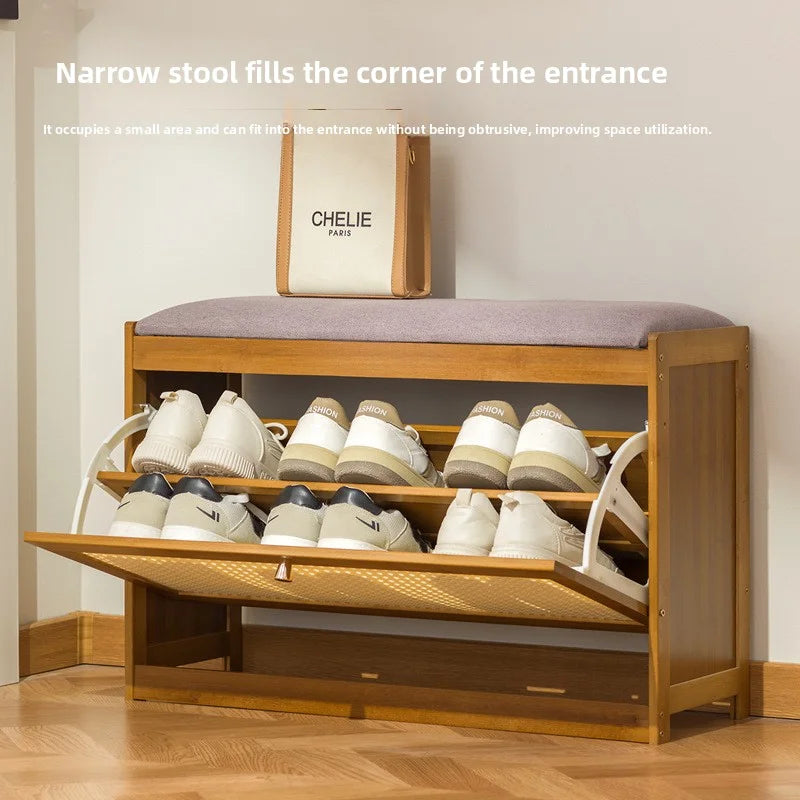 Simple bamboo and wood shoe cabinet, flip bucket storage cabinet, shoe changing bench, bench, rattan breathable shoe cabinet