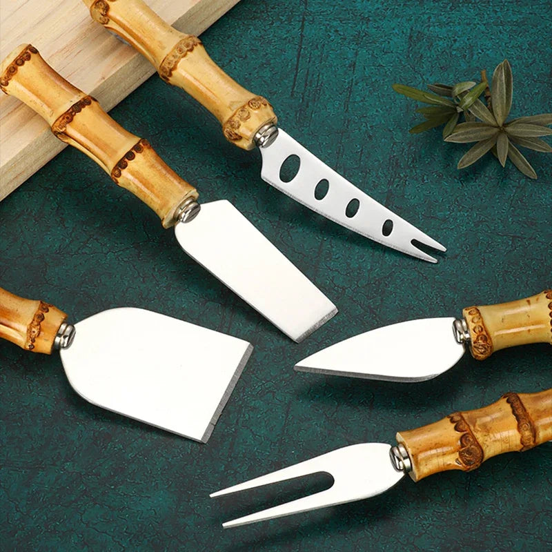 6Pcs Cutlery Set Stainless Steel Silver Natural Bamboo Handle Cheese Knife Cheese Knife Cheese Cutter Set Kitchen Accessories