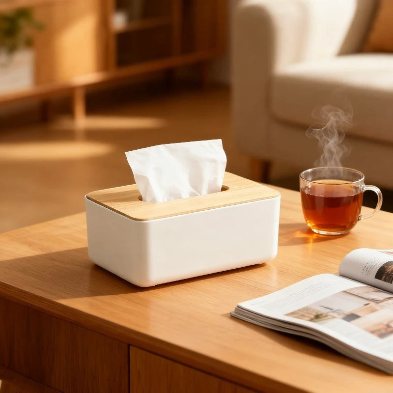 Bamboo Wood Tissue Box, Minimalist Multifunctional Desktop Organizer for Home Kitchen Bathroom Household Decor Supplies