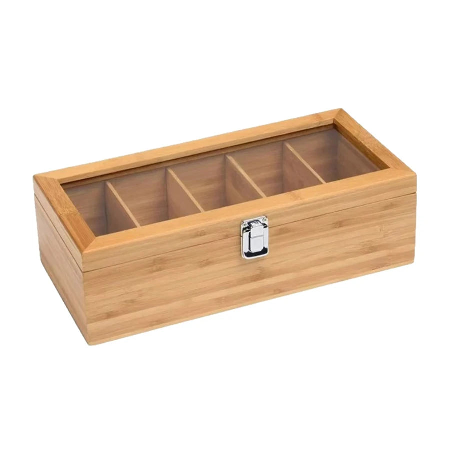 Bamboo Tea bag Storage Box Portable Teabag Holder with 5Compartments Multipurpose Tea Packet Box for Home Office Spices
