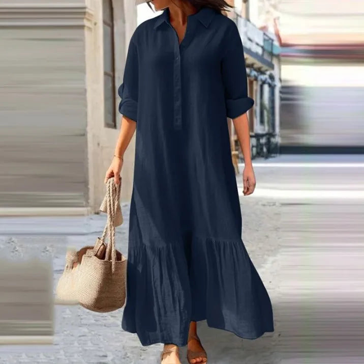 2025 New Cotton Hemp Women's Long Dresses Shirt Collar Twisted Buckle Casual Robe Femmes