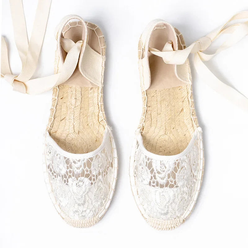 Shoes for Women Hemp Rope Bottom Ladies Sandals Flat Shoes Women Strappy Fisherman Sandals Women Spring and Summer Lace Students