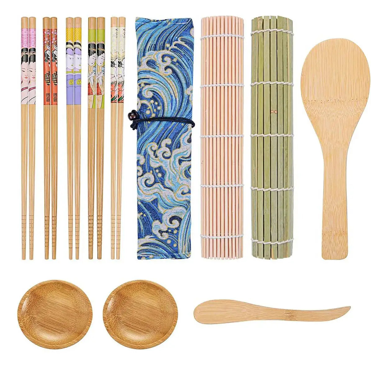 Sushi Making Set With Various Styles Of Bamboo Sushi Mats, Bazooka Chopsticks, Sushi Molds, Bamboo Wooden Spoons, Kitchen Tools