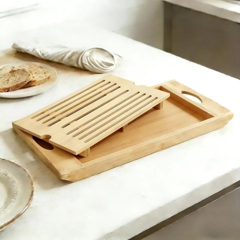 Bamboo Bread Cutting Board with Crumb Tray - Double Layer Wooden Bread Slicer with Handle, Kitchen Countertop Bread Storage Tray
