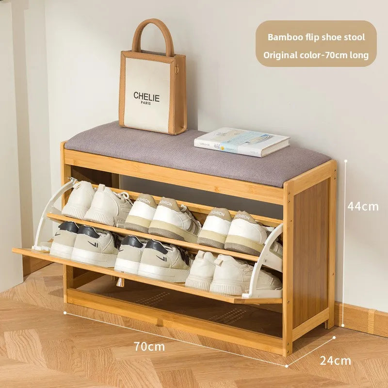 Simple bamboo and wood shoe cabinet, flip bucket storage cabinet, shoe changing bench, bench, rattan breathable shoe cabinet