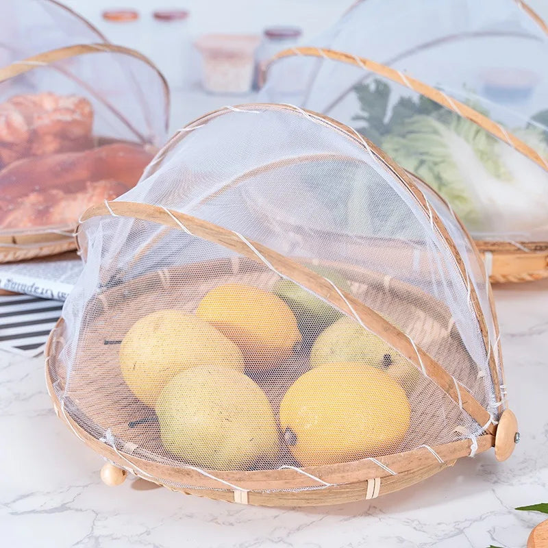 Bamboo Woven Basket Anti-Mosquito Net Fruit Vegetable Basket Dustpan Tent Basket Tray Portable Outdoor Picnic Mesh Net Cover