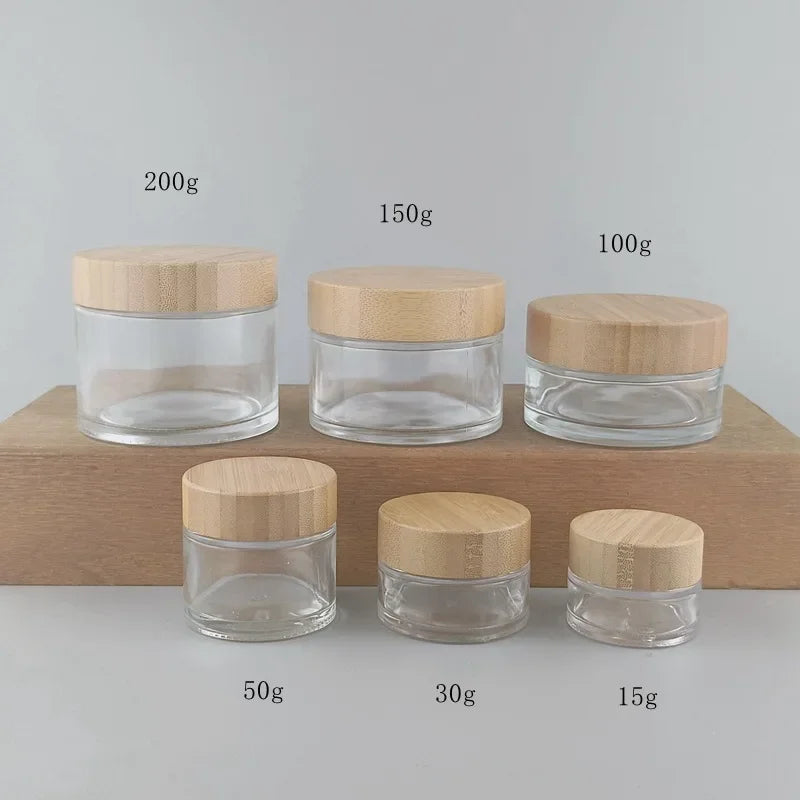 Wholesale 5pcs/lot 15g 30g 50g 100G 150g 200g Solid Wood Bamboo Cover Cosmetics Face Cream Bottle Frosted Glass Cream Bottles