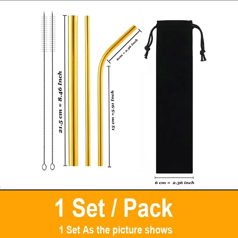 Reusable Metal Straws Set 304 Stainless Steel Drinking Straw for Bubble Tea with Bursh Portable Bag Eco Friendly Products