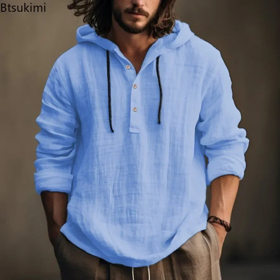 New2026 Men's Casual Cotton Linen Shirts Hoodies Comfortable Breathable Solid Pullovers Tops Soft Daily Wear Men's Clothing Tops
