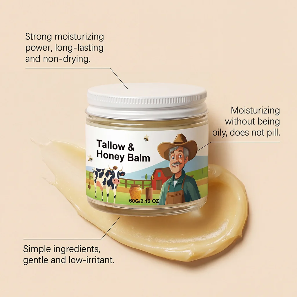 Organic Grass-Fed Beef Tallow Balm with Raw Honey - Moisturizing Cream for Soft, Smooth Skin - Handmade All-Natural Moisturizer