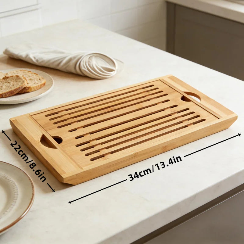 Bamboo Bread Cutting Board with Crumb Tray - Double Layer Wooden Bread Slicer with Handle, Kitchen Countertop Bread Storage Tray