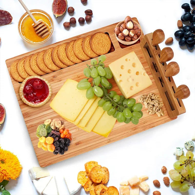 Large Bamboo Cheese Board With 4 Knives Chopping Board Set For Weddings, Birthdays, Christmas Kitchen Wooden Chopping Board