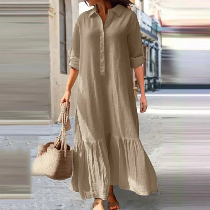 2025 New Cotton Hemp Women's Long Dresses Shirt Collar Twisted Buckle Casual Robe Femmes