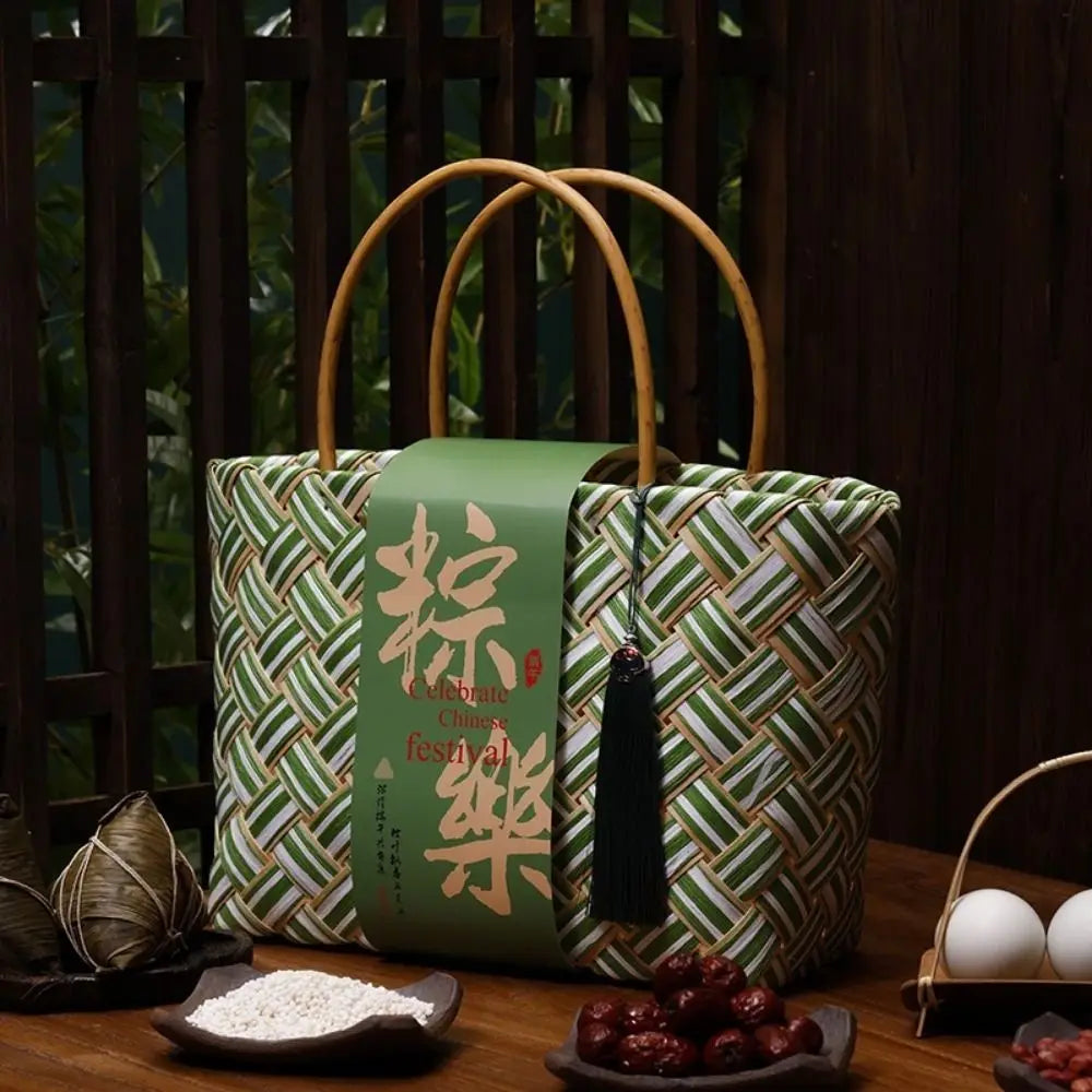 Bamboo Zongzi Packaging Box Chinese Style Handheld Handwoven Storage Basket Eco-friendly Shopping Bag Mid Autumn Festival