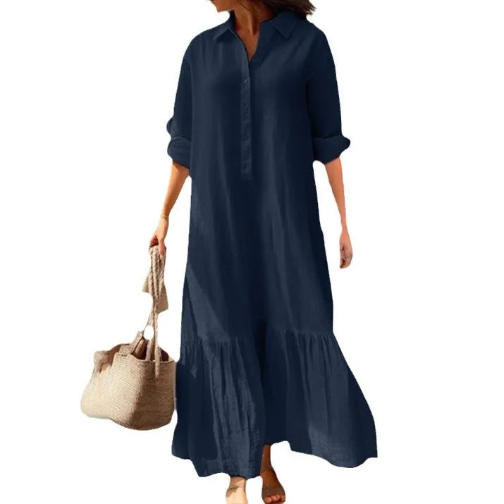 2025 New Cotton Hemp Women's Long Dresses Shirt Collar Twisted Buckle Casual Robe Femmes