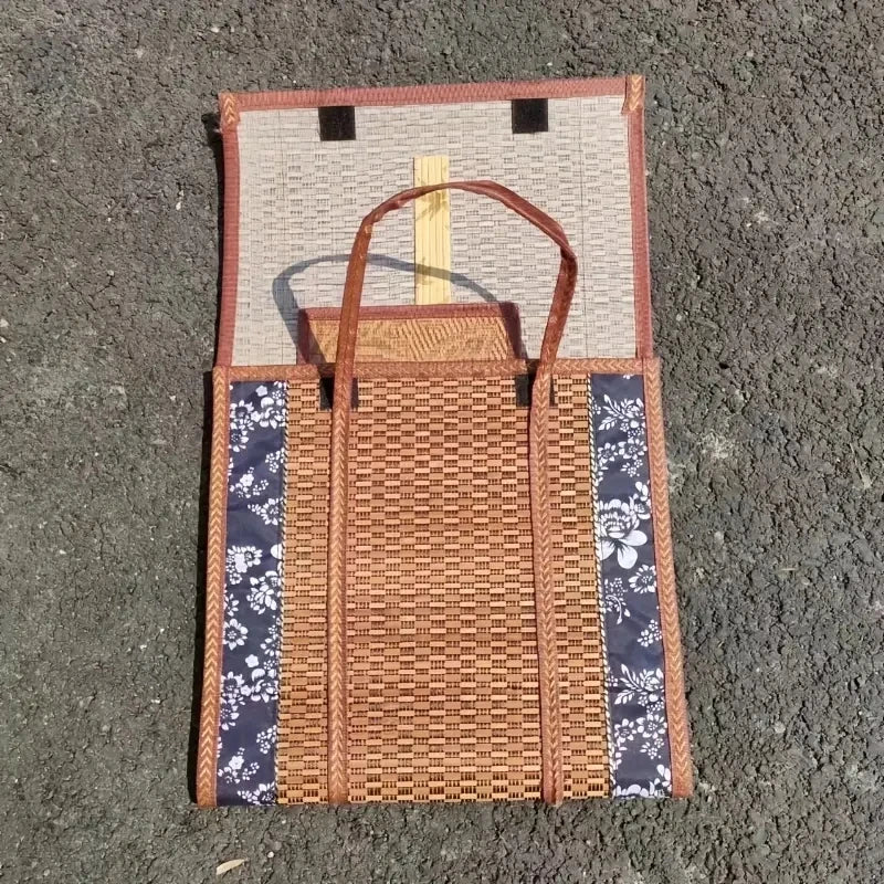 1pc Handcrafted Bamboo Picnic Basket With Handles, Rectangular Retro Style Foldable Bamboo Bag For Snacks & Fruits, Portable Wov