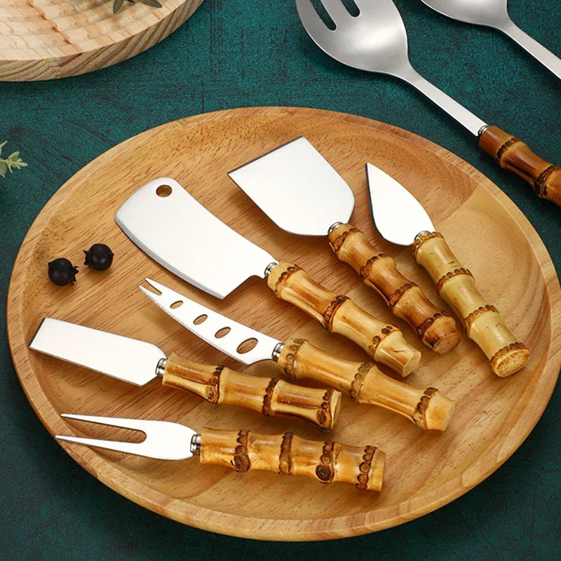 6Pcs Cutlery Set Stainless Steel Silver Natural Bamboo Handle Cheese Knife Cheese Knife Cheese Cutter Set Kitchen Accessories