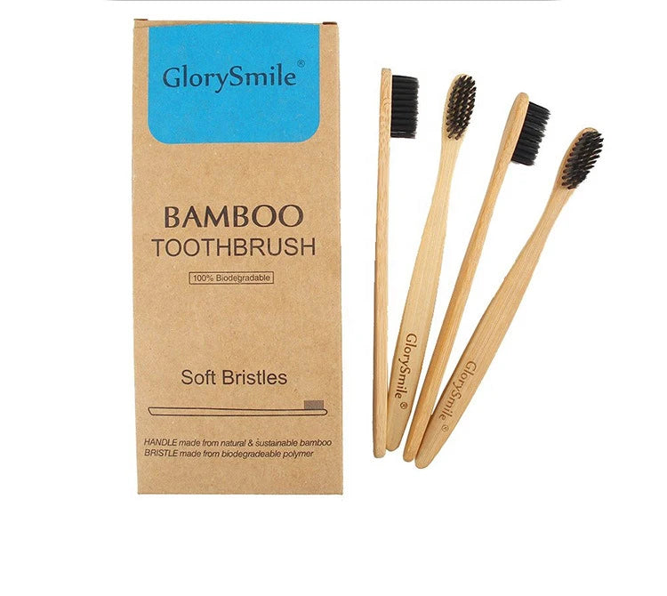 Bamboo Toothbrushes for Adults 4 Pack Wooden Toothbrush Set with Charcoal Infused Soft Bristles Natural Oral Care for Daily Use