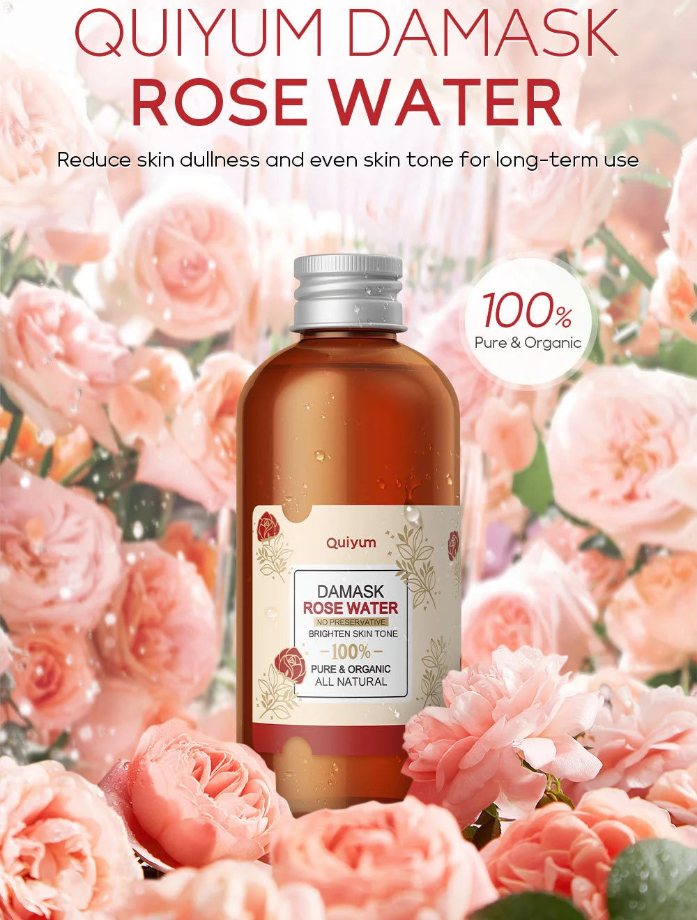 Rose Water For Face Facial Toner Organic Rose Petals Essence Moisturizing Serum Refresh Elastic Shrink Pores Skin Care