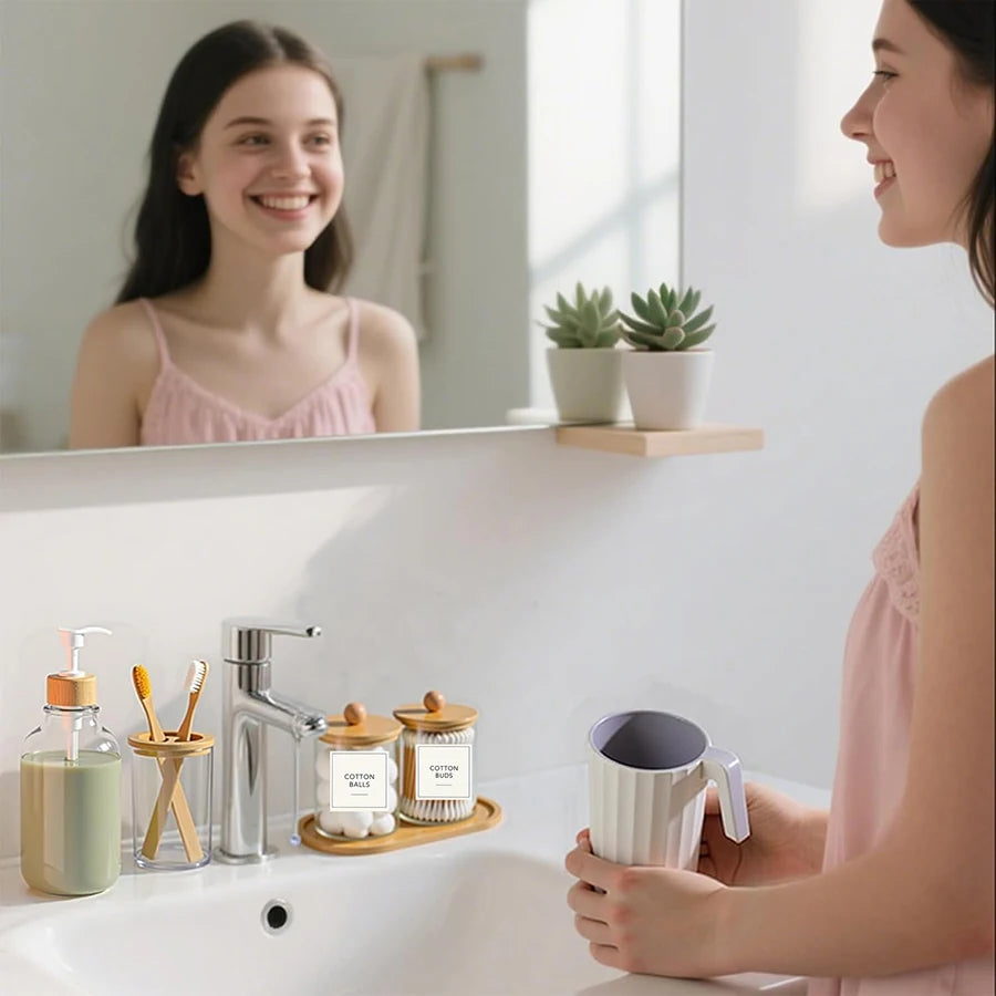 5 Pack Bamboo Bathroom Accessories Set with Tray - Plastic Soap Dispenser Clear Toothbrush Holder and 2 Qtip Holder Cotton Ball