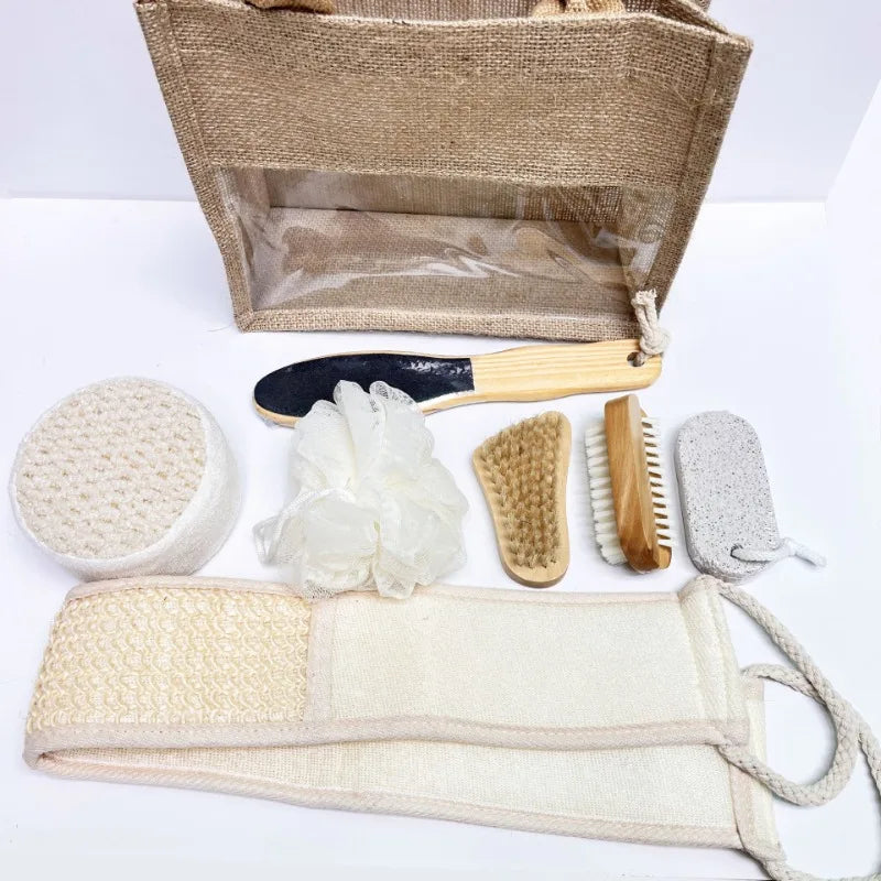 Hemp & Wooden Set 7-Piece with Exfoliating Balls Scrubbing Towels & Bath Brush - Eco-Friendly Spa Gift Set in Natural Fiber Bag