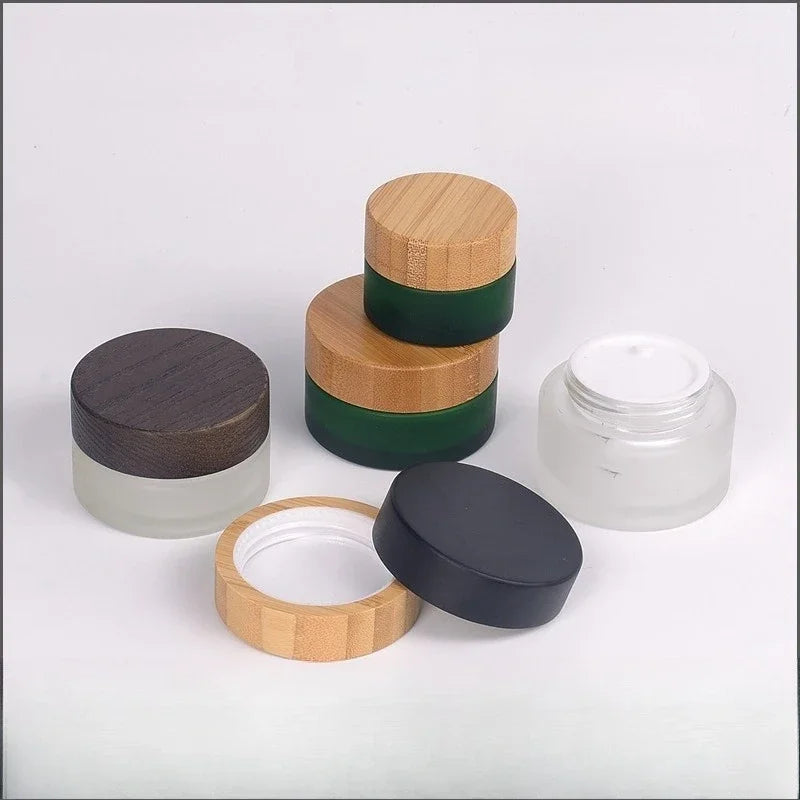 Wholesale 5pcs/lot 15g 30g 50g 100G 150g 200g Solid Wood Bamboo Cover Cosmetics Face Cream Bottle Frosted Glass Cream Bottles