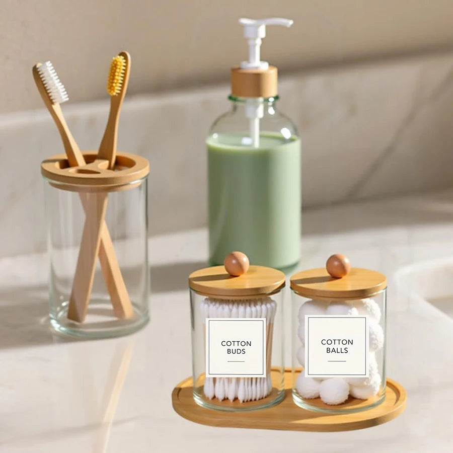 5 Pack Bamboo Bathroom Accessories Set with Tray - Plastic Soap Dispenser Clear Toothbrush Holder and 2 Qtip Holder Cotton Ball