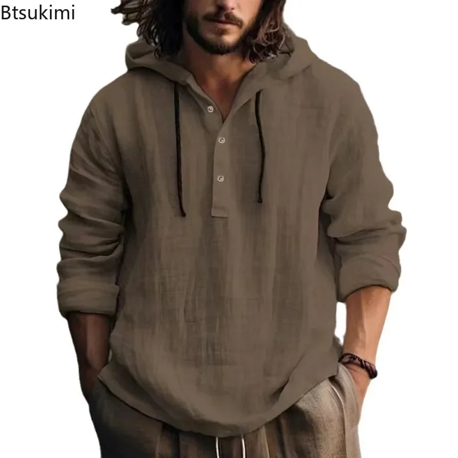 New2026 Men's Casual Cotton Linen Shirts Hoodies Comfortable Breathable Solid Pullovers Tops Soft Daily Wear Men's Clothing Tops