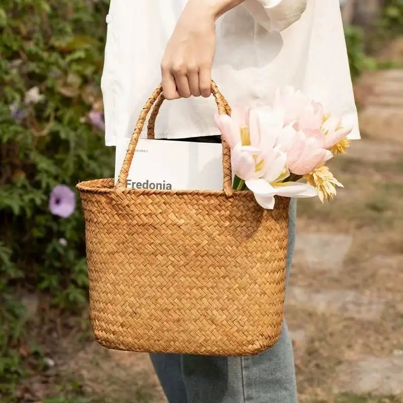 Rural style handmade bamboo woven handbag suitable for beach vacations, camping, and picnics, Available in 2 sizes