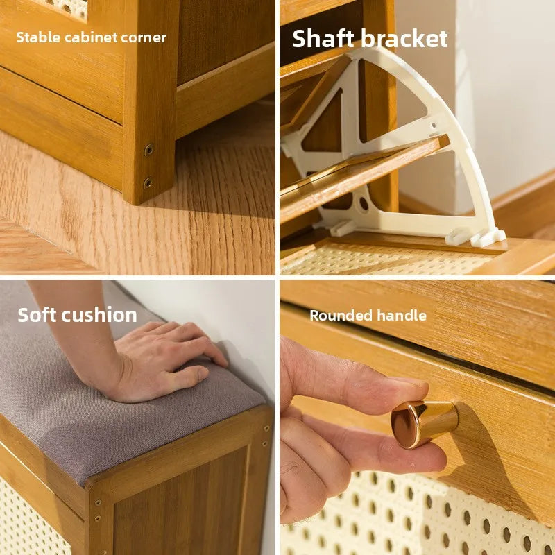 Simple bamboo and wood shoe cabinet, flip bucket storage cabinet, shoe changing bench, bench, rattan breathable shoe cabinet
