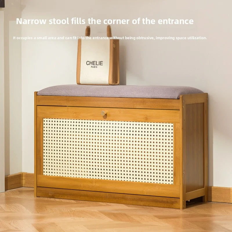 Simple bamboo and wood shoe cabinet, flip bucket storage cabinet, shoe changing bench, bench, rattan breathable shoe cabinet