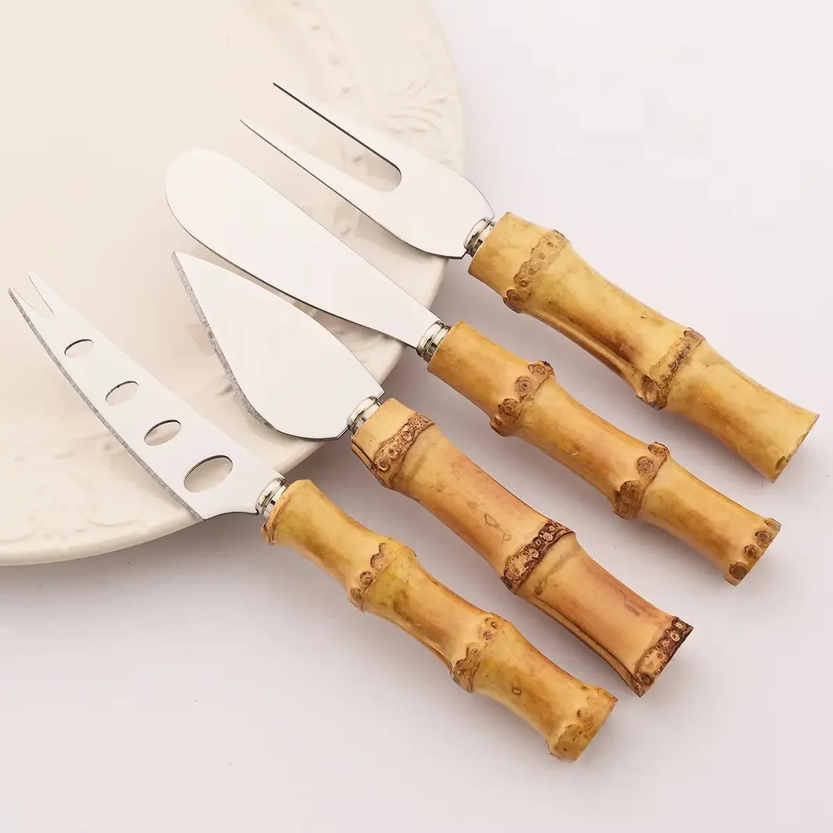 6Pcs Cutlery Set Stainless Steel Silver Natural Bamboo Handle Cheese Knife Cheese Knife Cheese Cutter Set Kitchen Accessories