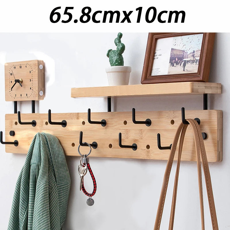 Bamboo Wooden Wall Mounted Clothes Rack Hanging Entrance Creative Coat Racks with Storage Rack Organizer Coat Rack Clothing