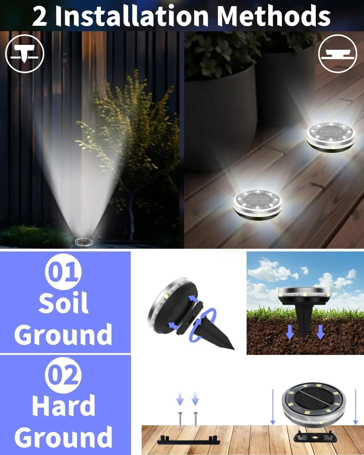 Solar Garden Lights Outdoor 8 LEDs Disk Underground Lamp With Side Light Spotlight Waterproof For Landscape Lawn Decor