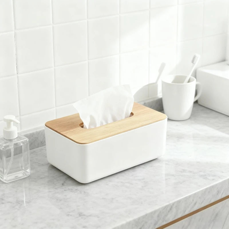 Bamboo Wood Tissue Box, Minimalist Multifunctional Desktop Organizer for Home Kitchen Bathroom Household Decor Supplies