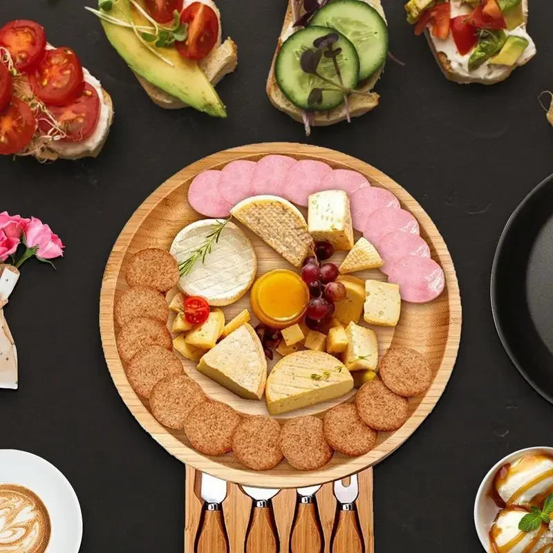 Bamboo Charcuterie Drawer Board Set Charcuterie Chopping Block Knives Bamboo Cheese Board With Grooved Cutlery Cheese Knives
