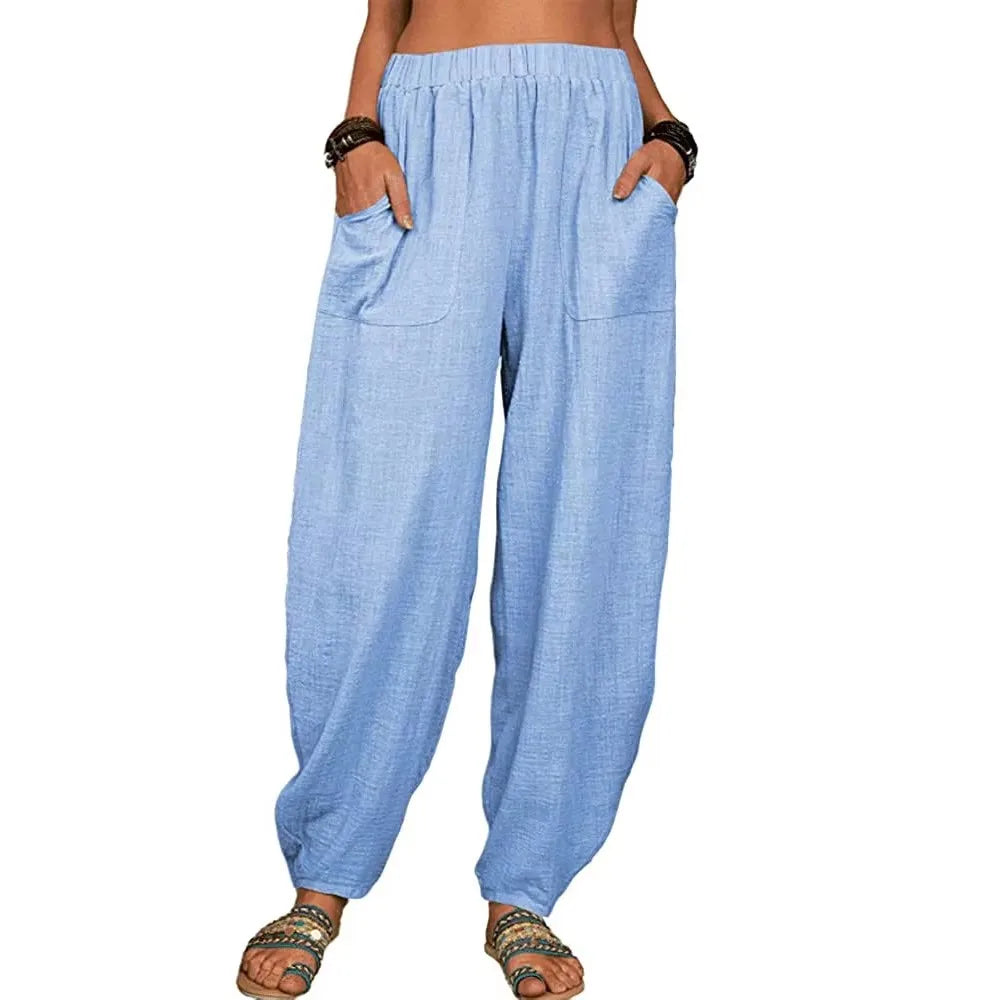 Women Cotton hemp Pants Summer Casual Vintage Pockets Thin Beach Trousers Female Elastic Waist Wide Leg Retro Loose Harem Pants