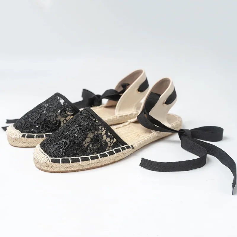 Shoes for Women Hemp Rope Bottom Ladies Sandals Flat Shoes Women Strappy Fisherman Sandals Women Spring and Summer Lace Students