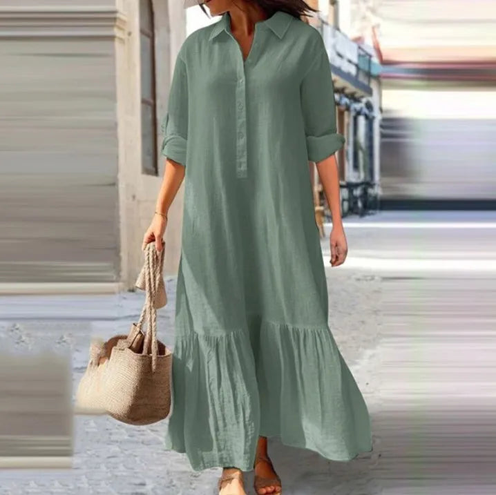 2025 New Cotton Hemp Women's Long Dresses Shirt Collar Twisted Buckle Casual Robe Femmes