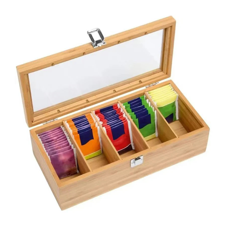 Bamboo Tea bag Storage Box Portable Teabag Holder with 5Compartments Multipurpose Tea Packet Box for Home Office Spices