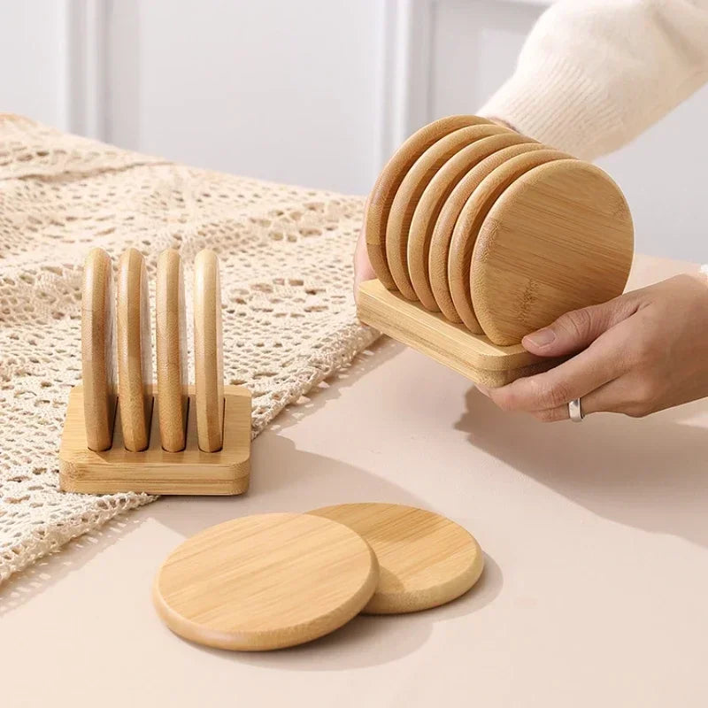 Bamboo Base Coaster Set Simple Creative Cup Holder Round Water Cup Insulation Pad Bamboo Tea Cup Holder Display Rack Accessories