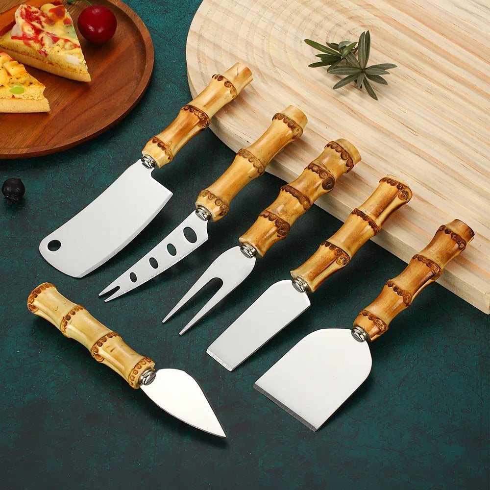 6Pcs Cutlery Set Stainless Steel Silver Natural Bamboo Handle Cheese Knife Cheese Knife Cheese Cutter Set Kitchen Accessories